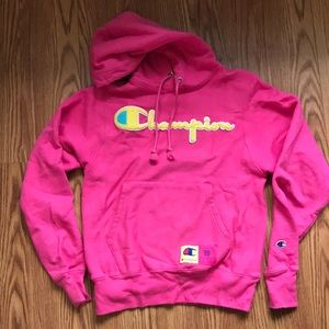 Champion Sweatshirt Hoodie - Pink with Yellow Detail, Size  XS